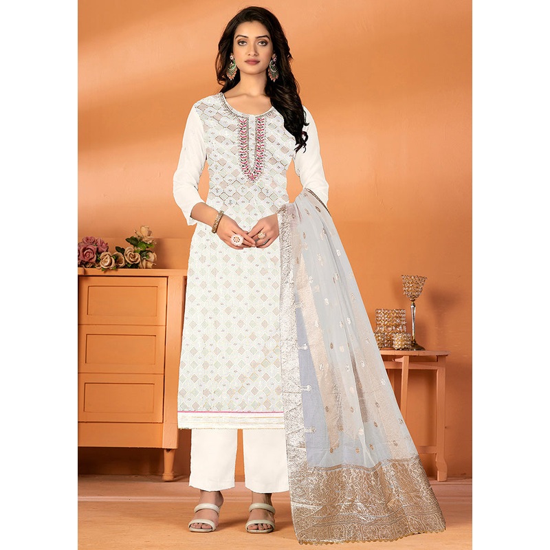 3 Pc White Unstitched Silk Suit Set - JD986585375