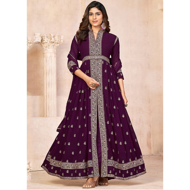 3 Pc Wine Unstitched Georgette Suit Set - JD986585364