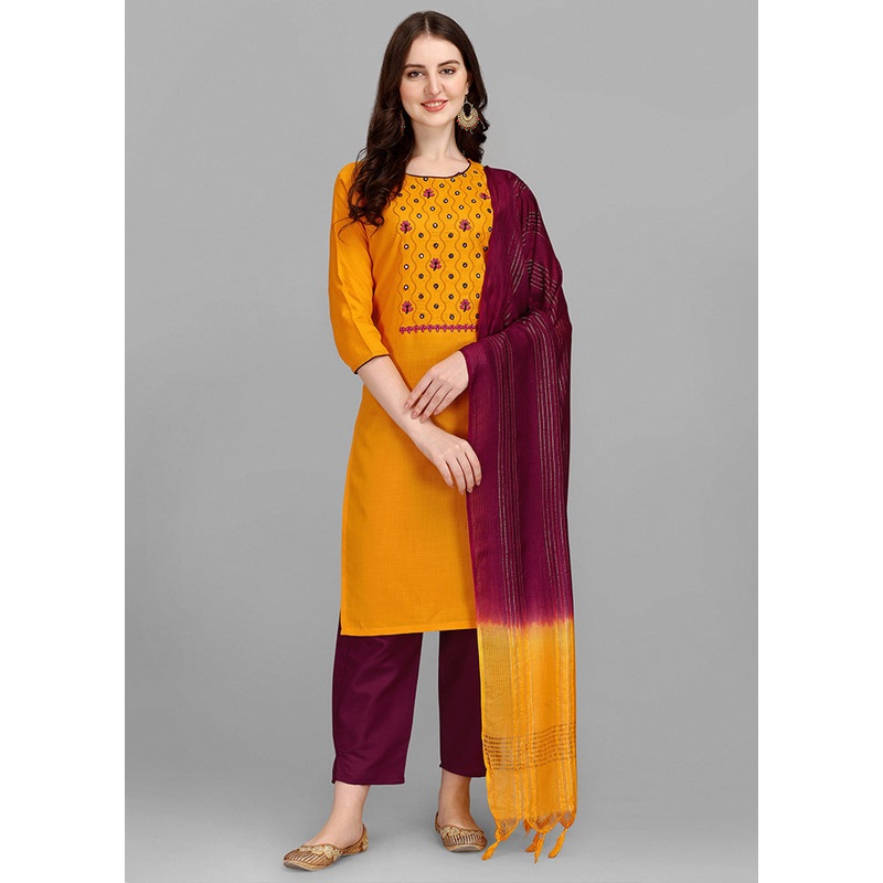 3 Pc Yellow Readymade Cotton Suit Set - JD986585361
