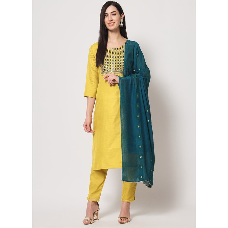 3 Pc Yellow Readymade Cotton Suit Set - JD986585362