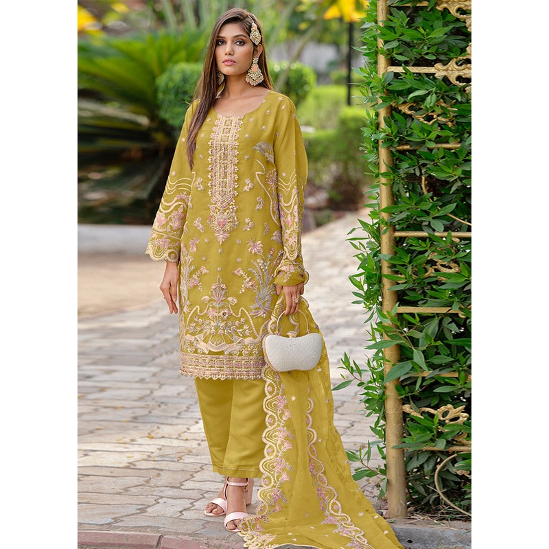 3 Pc Yellow Readymade Organza Suit Set - JD986585357