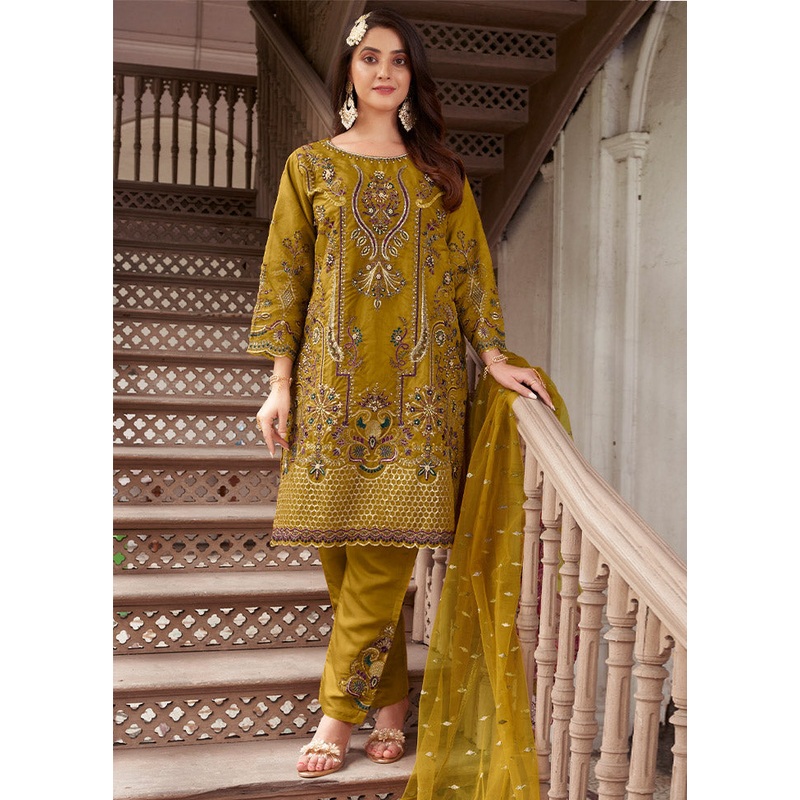 3 Pc Yellow Readymade Organza Suit Set - JD986585359