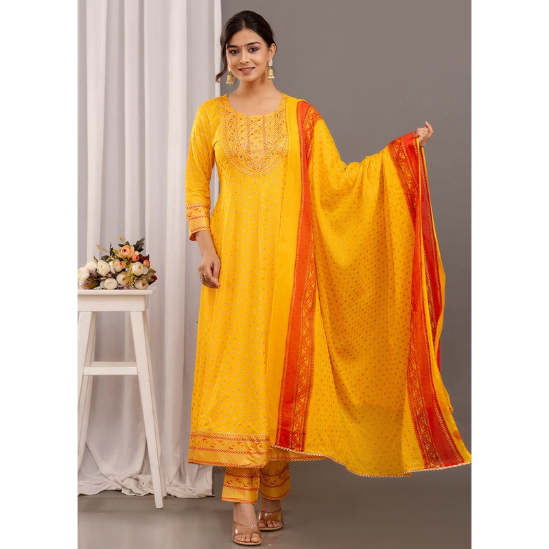 3 Pc Yellow Readymade Rayon Suit Set - JD986585356
