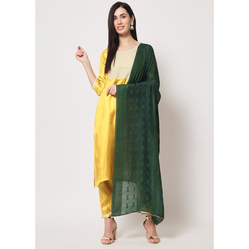 3 Pc Yellow Readymade Silk Suit Set - JD986585354