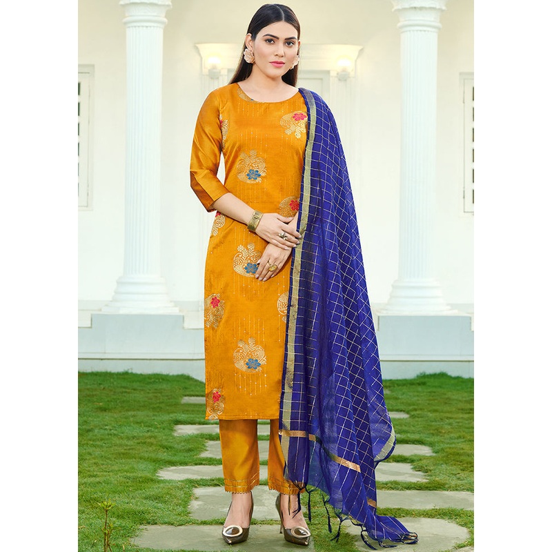 3 Pc Yellow Readymade Silk Suit Set - JD986585355