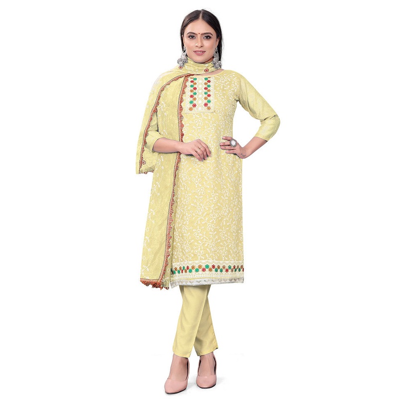 3 Pc Yellow Unstitched Georgette Suit Set - JD986585353