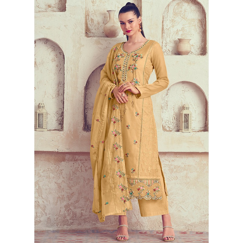 3 Pc Yellow Unstitched Net Suit Set - JD986585350