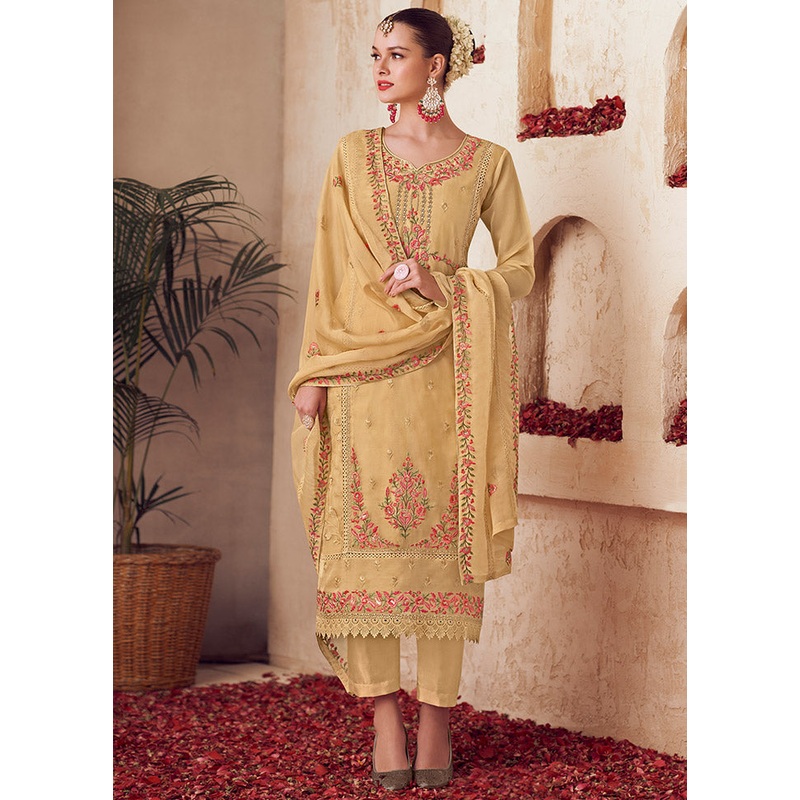 3 Pc Yellow Unstitched Net Suit Set - JD986585351