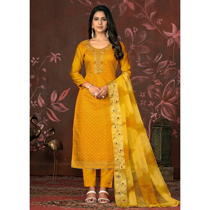 3 Pc Yellow Unstitched Silk Suit Set - JD986585347