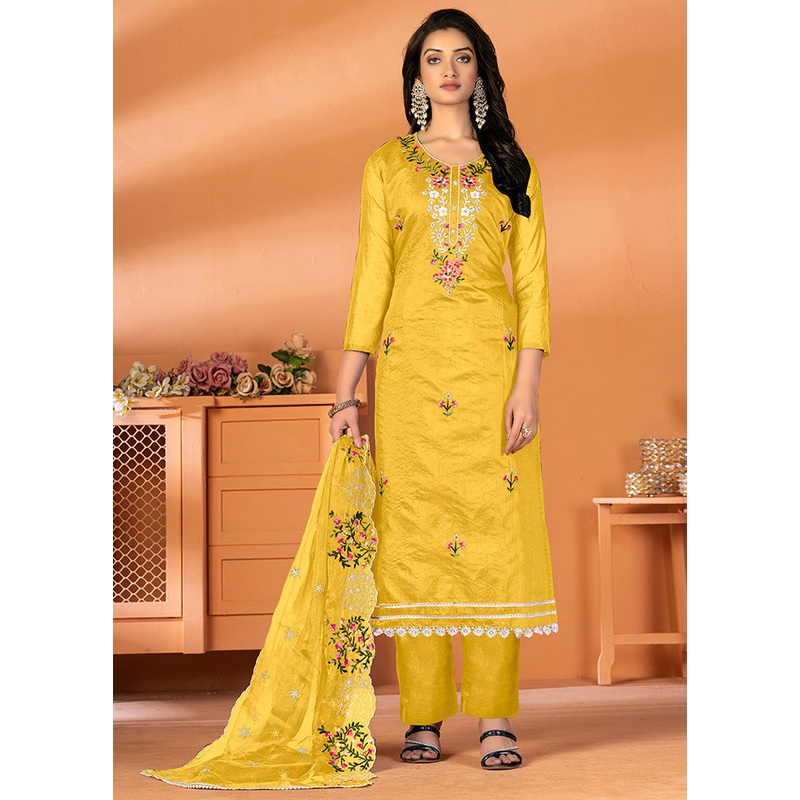 3 Pc Yellow Unstitched Silk Suit Set - JD986585348