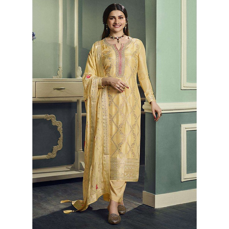 3 Pc Yellow Unstitched Viscose Suit Set - JD986585346