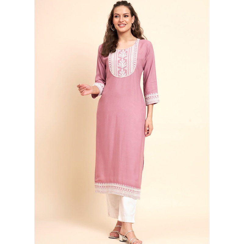 Baby Pink Readymade Rayon Kurti - JD986585344