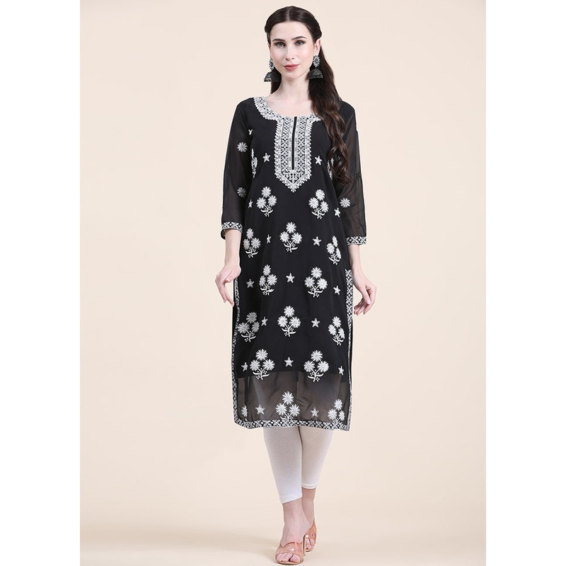 Black Readymade Cotton Long Kurti - JD986585337