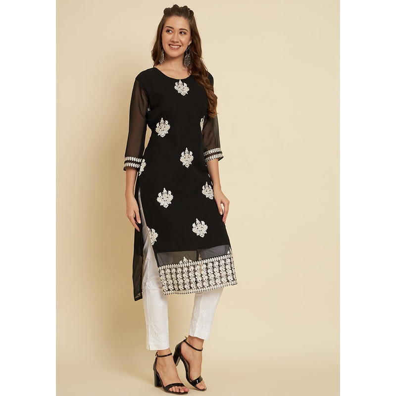 Black Readymade Cotton Long Kurti - JD986585338
