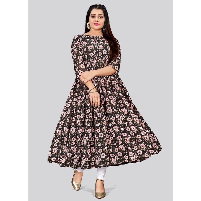 Black Readymade Cotton Long Kurti - JD986585339