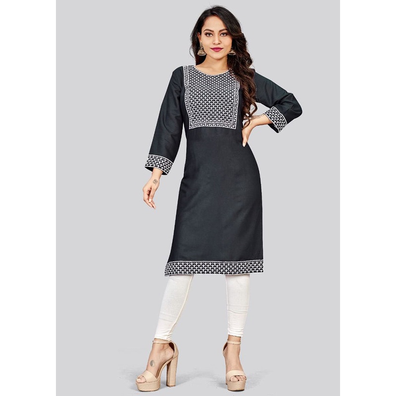 Black Readymade Cotton Long Kurti - JD986585340