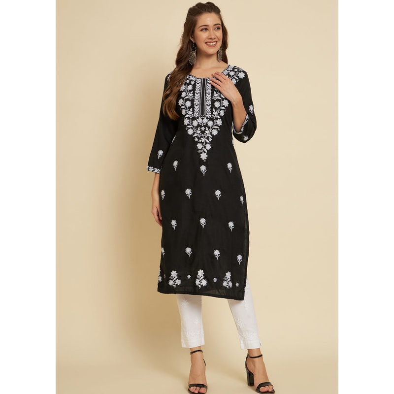 Black Readymade Cotton Long Kurti - JD986585341