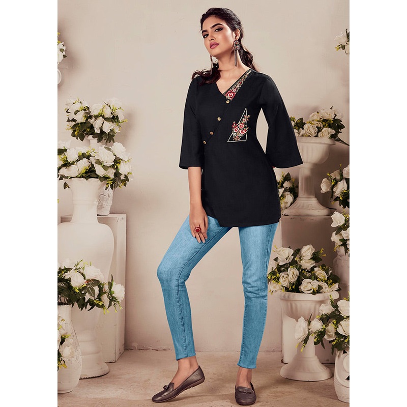 Black Readymade Cotton Short Kurti - JD986585336