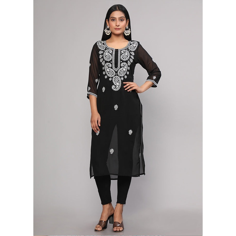 Black Readymade Georgette Kurti - JD986585324