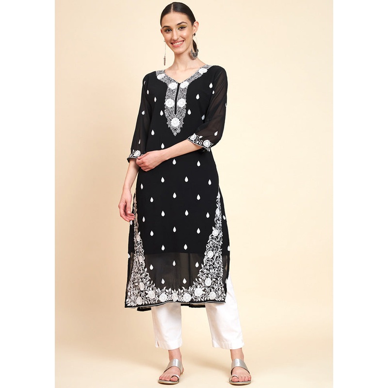 Black Readymade Georgette Kurti - JD986585326