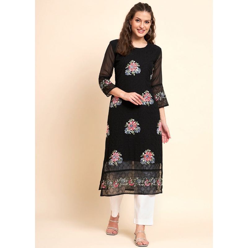 Black Readymade Georgette Kurti - JD986585327