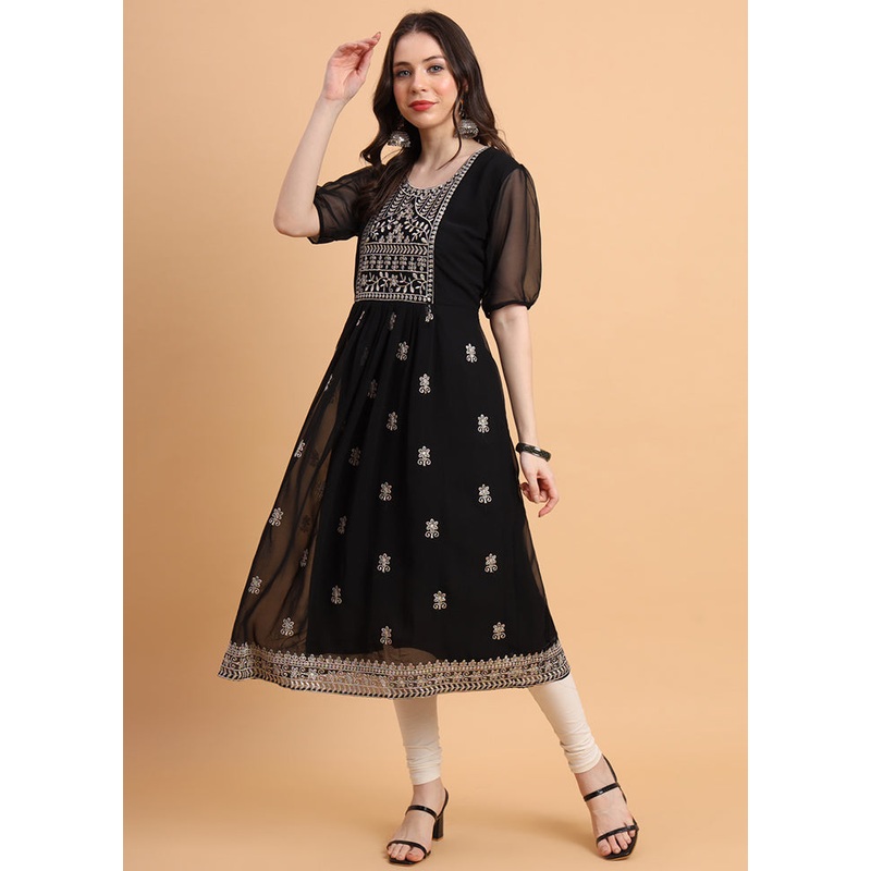 Black Readymade Georgette Kurti - JD986585328