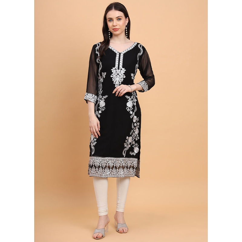 Black Readymade Georgette Kurti - JD986585329