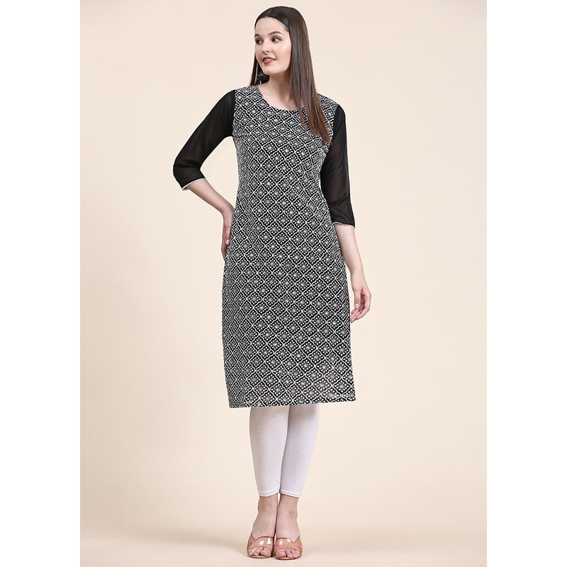 Black Readymade Georgette Kurti - JD986585331