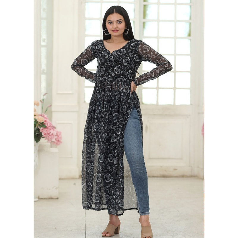 Black Readymade Georgette Long Kurti - JD986585322