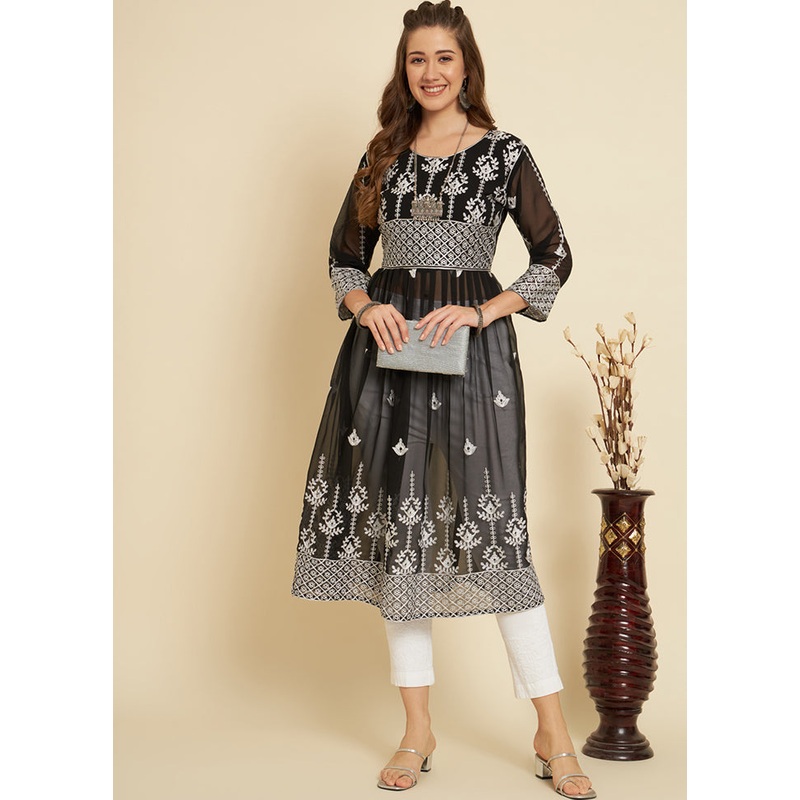 Black Readymade Georgette Long Kurti - JD986585323