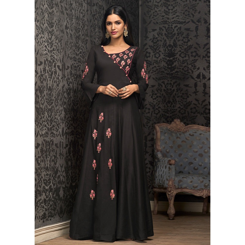 Black Readymade Silk Gown - JD986585309