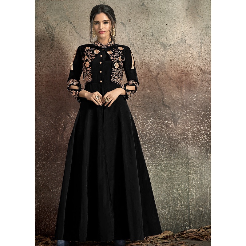 Black Readymade Silk Gown - JD986585310