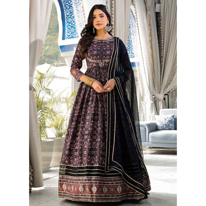 Black Readymade Silk Indian Dress - JD986585308