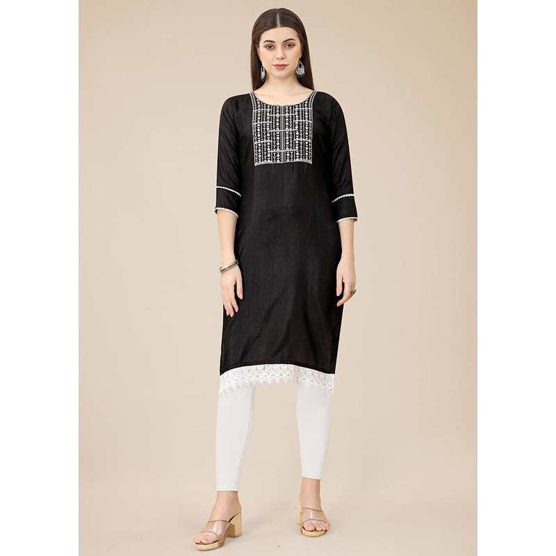 Black Readymade Silk Straight Kurti - JD986585235