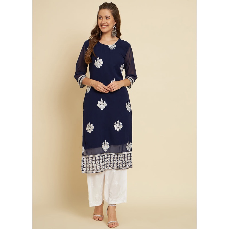 Blue Readymade Cotton Long Kurti - JD986585291