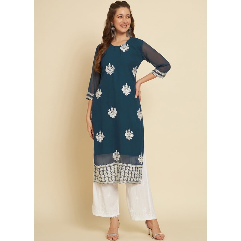 Blue Readymade Cotton Long Kurti - JD986585292