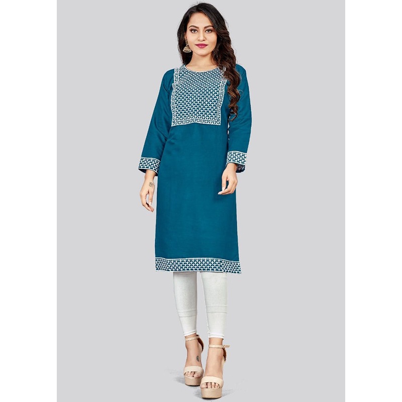 Blue Readymade Cotton Long Kurti - JD986585293