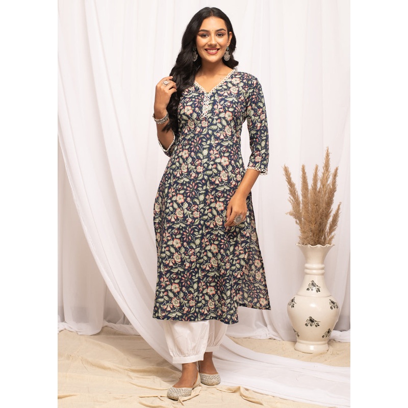 Blue Readymade Cotton Long Kurti - JD986585296
