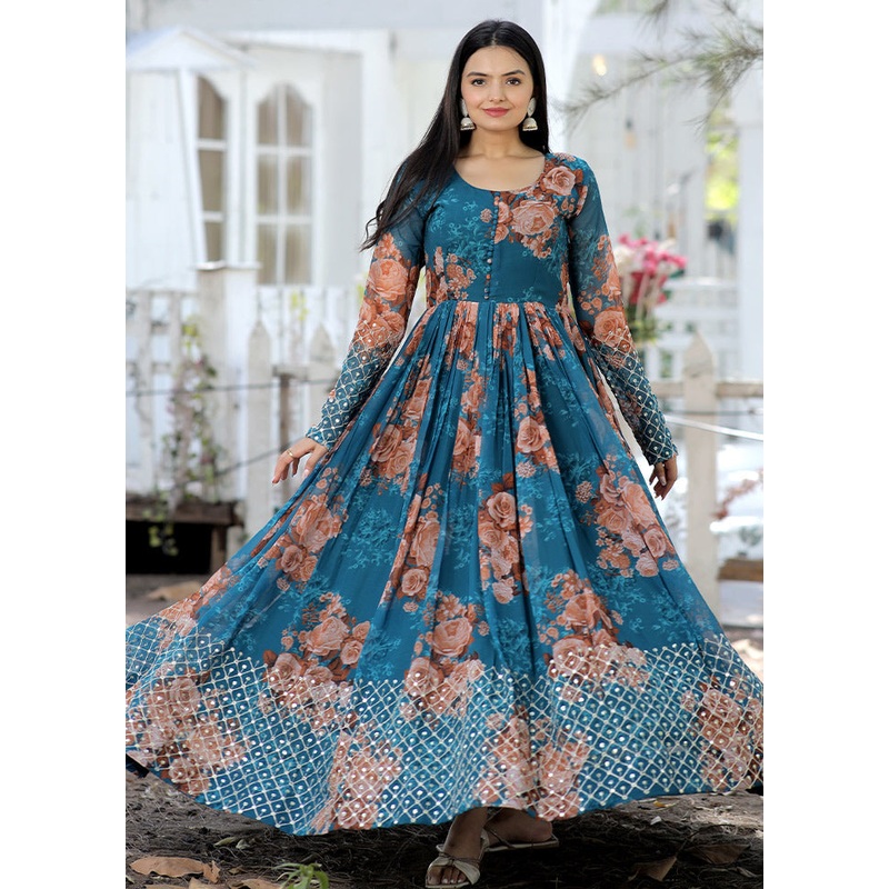 Blue Readymade Georgette Gown - JD986585264