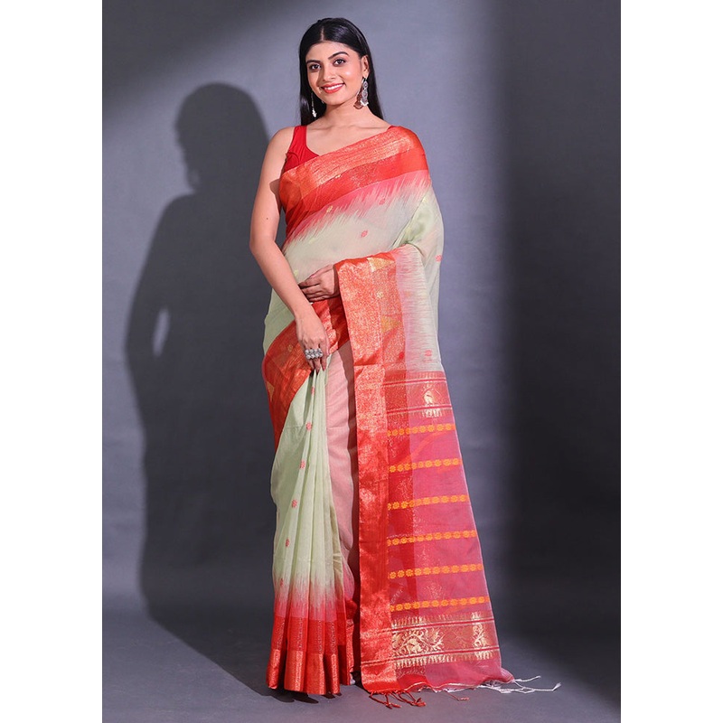 Green Pure Cotton Saree With Blouse Piece - JD986585284