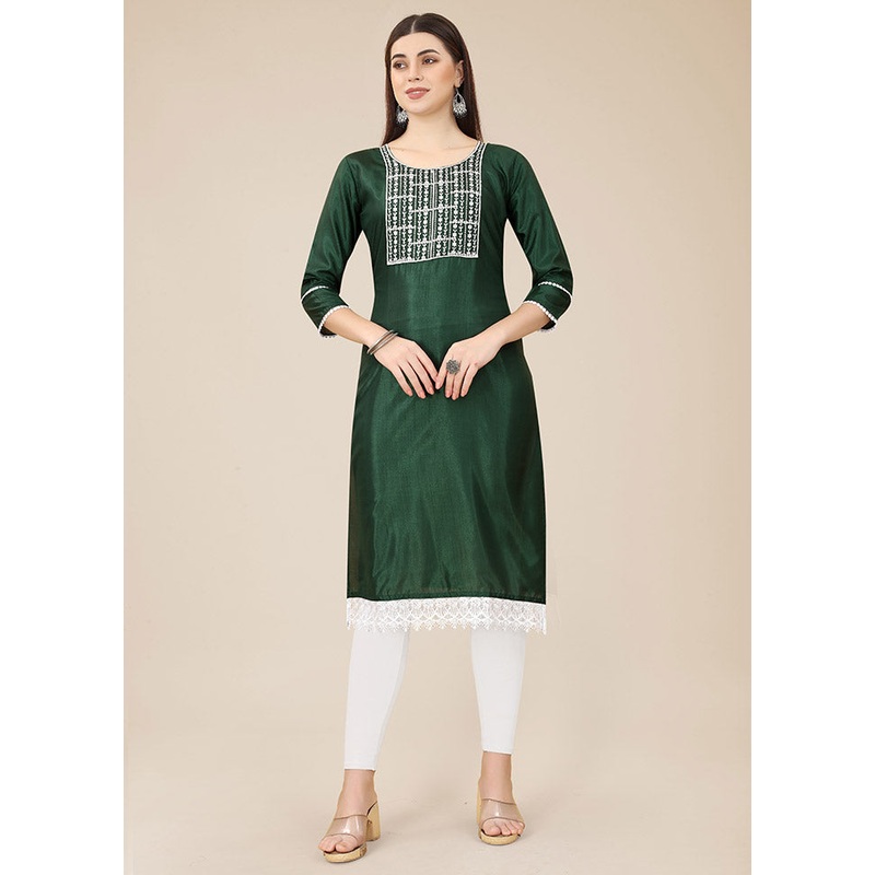 Green Readymade Silk Straight Kurti - JD986585234