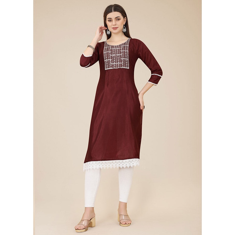 Maroon Readymade Silk Straight Kurti - JD986585233