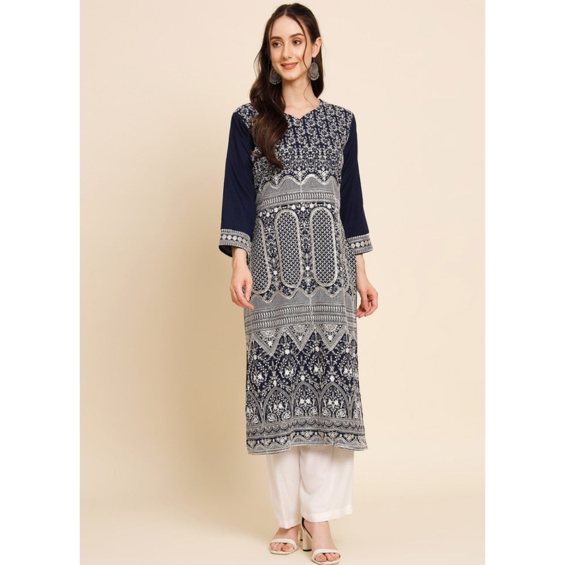 Navy Blue Readymade Crepe Kurti - JD986585242