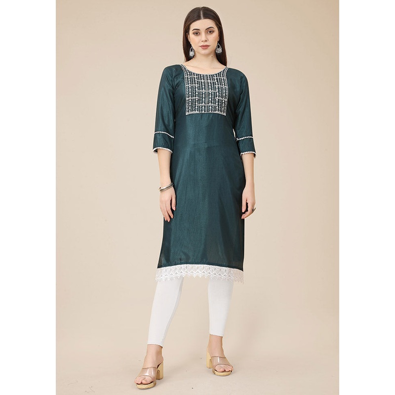 Teal Readymade Silk Straight Kurti - JD986585236