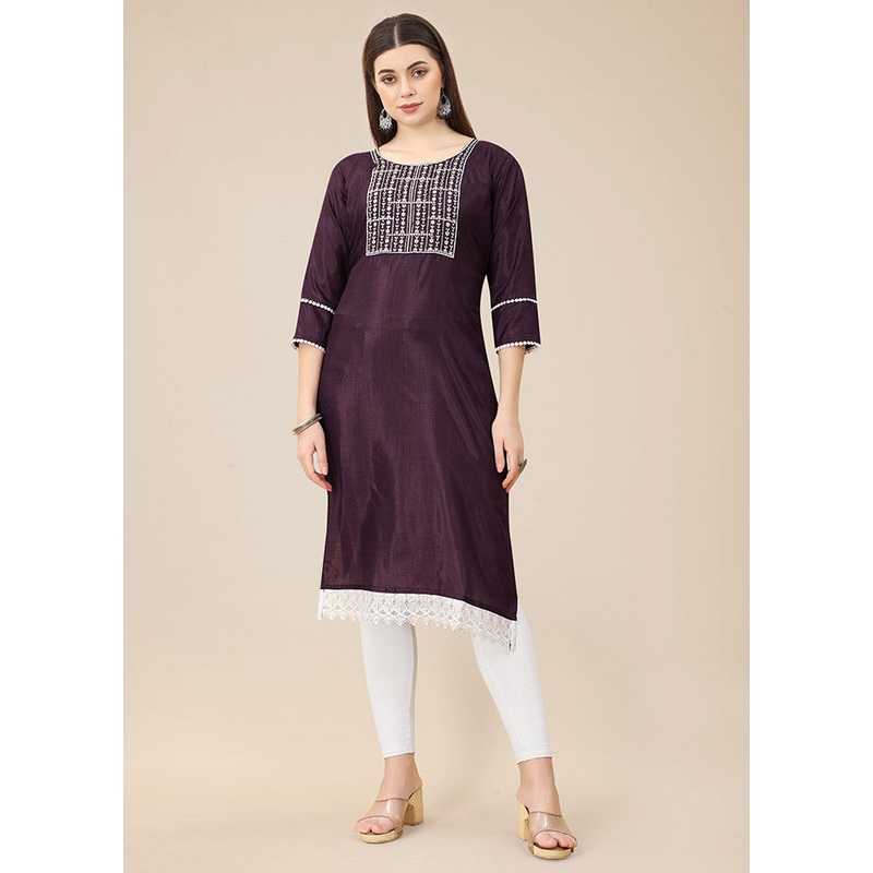 Wine Readymade Silk Straight Kurti - JD986585232