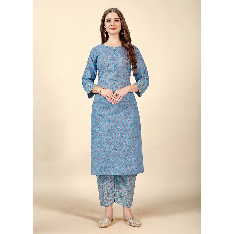 2 Pc Blue Readymade Cotton Kurti Set - JD986585141
