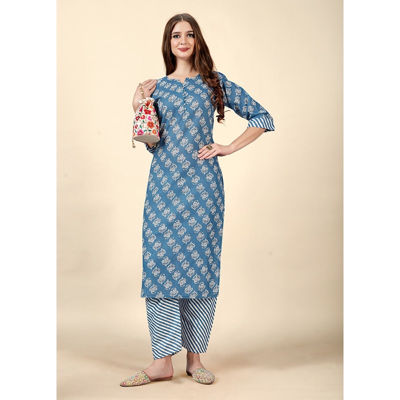 2 Pc Blue Readymade Cotton Kurti Set - JD986585142