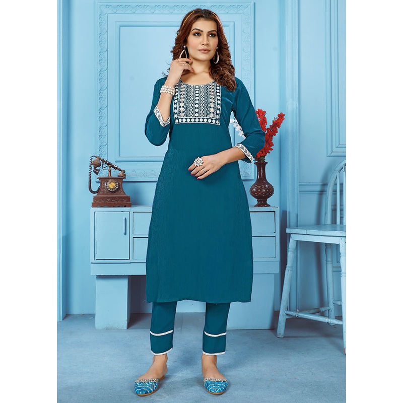 2 Pc Blue Readymade Cotton Kurti Set - JD986585144