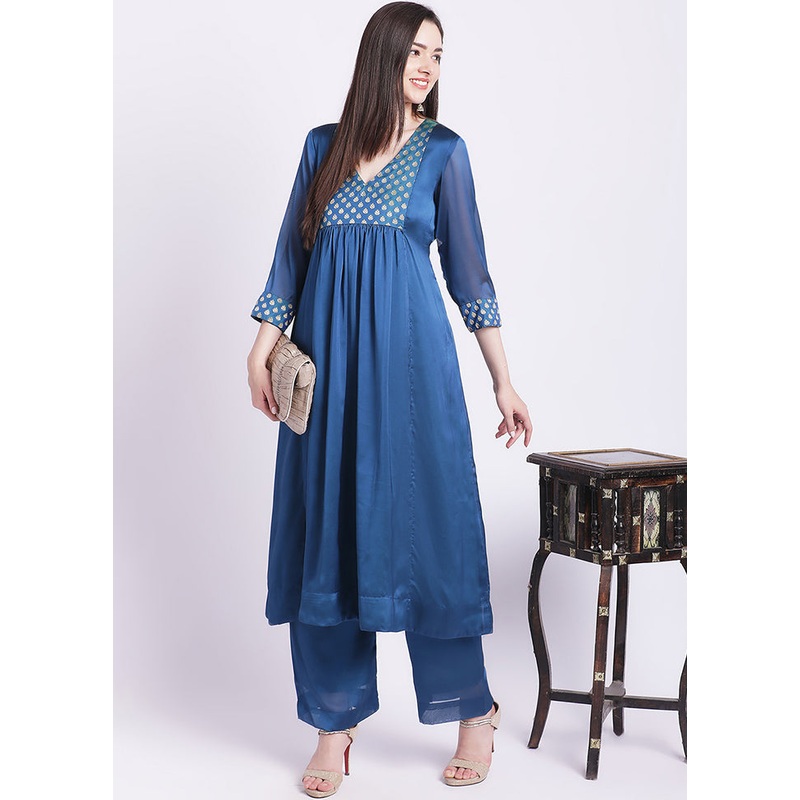 2 Pc Blue Readymade Georgette Kurti Set - JD986585145