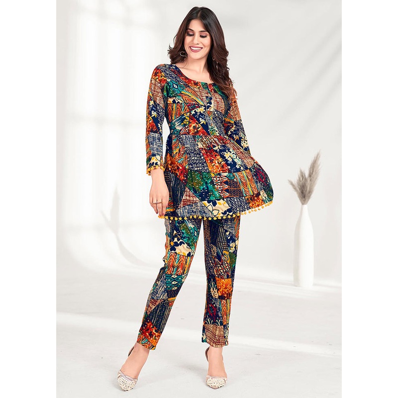 2 Pc Blue Readymade Rayon Coord Set - JD986585146